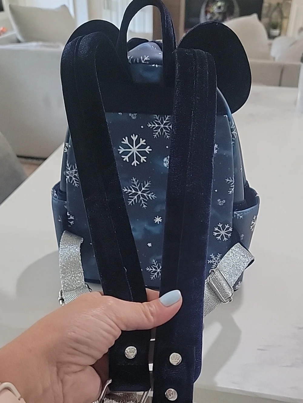 Loungefly Navy Snowflake Minnie Ear Mini Backpack with Velvet Bow